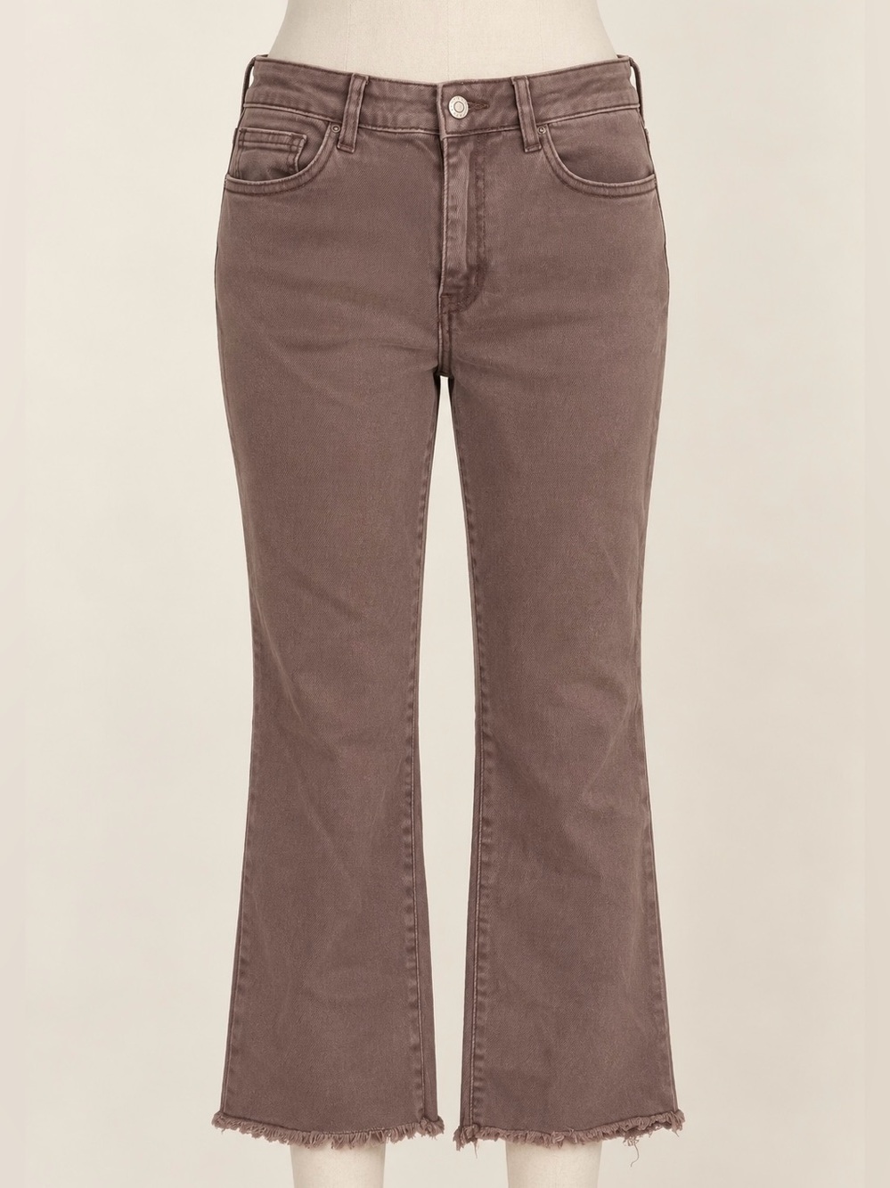 Zenana Brown High Rise Cropped Flare Jeans Raw Frayed Hem Stretch